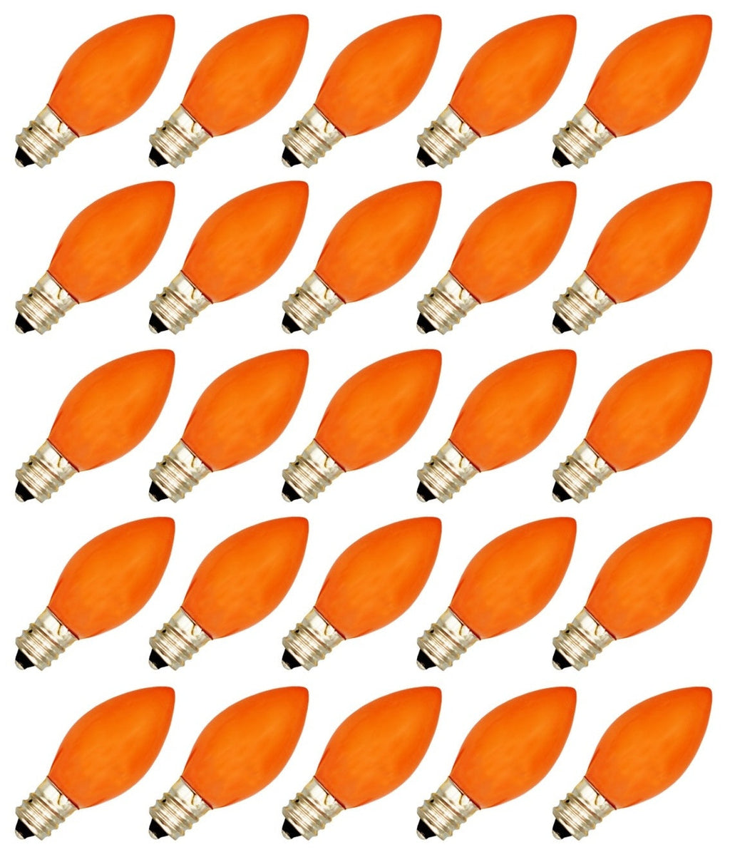 Box of 25 Light Bulbs - C7, Steady Burning - Opaque Orange- 7 Watt, Extended Life, Nickel Plated Candelabra Base - Great for Night Lights, Decorative Lights and Halloween Strings