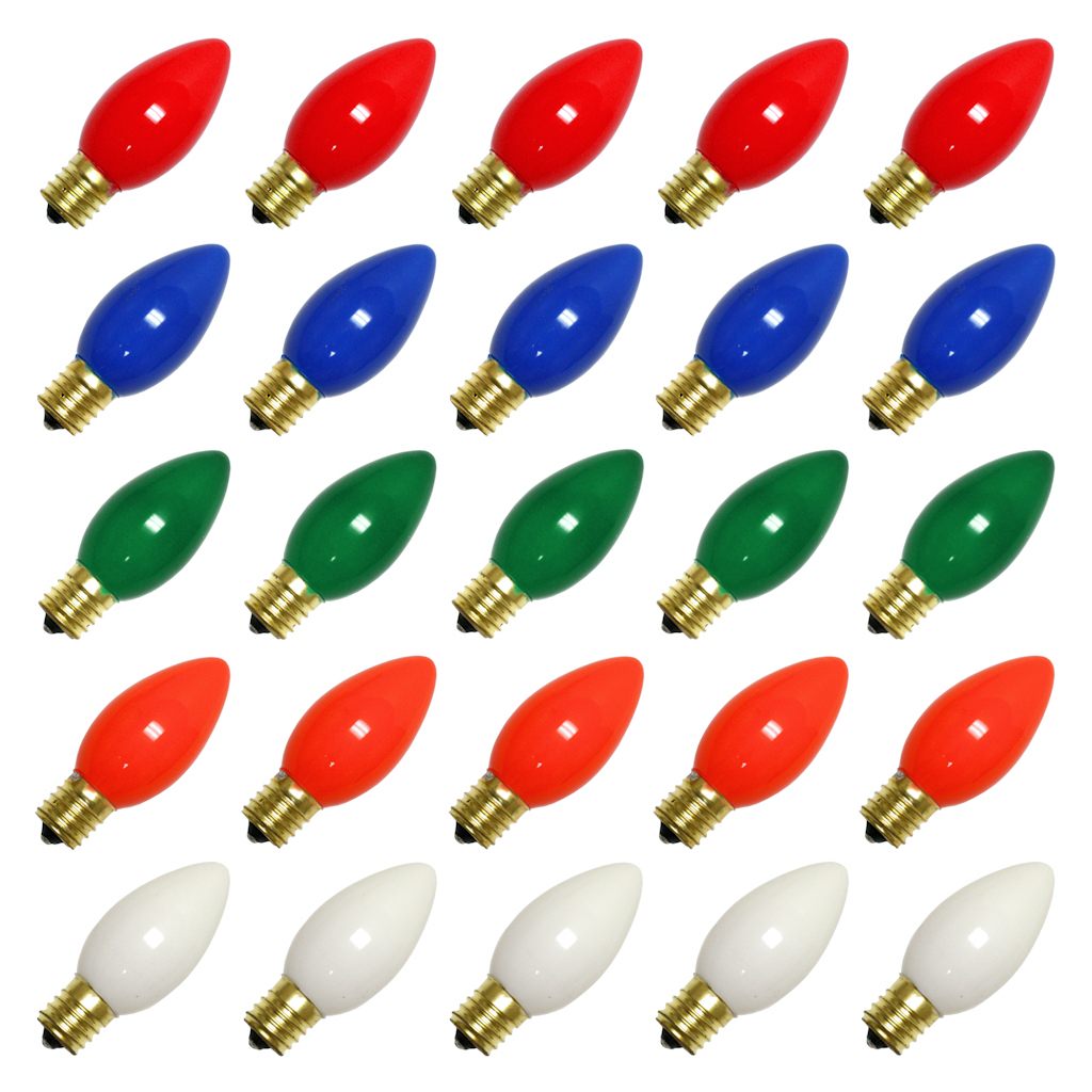 25 Pack C9 Multicolor Christmas Replacement Light Bulbs - Steady Burning - Ceramic Multicolor - 7 Watt, Extended Life, Nickel Plated E17 Base - Great for Christmas Lights, Decorative Lights